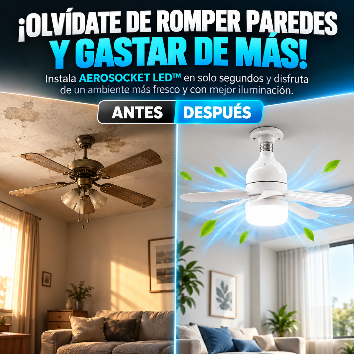 AeroSocket LED™ Ventilador de Techo con Lámpara Tipo Bombillo de 5 Aspas control remoto