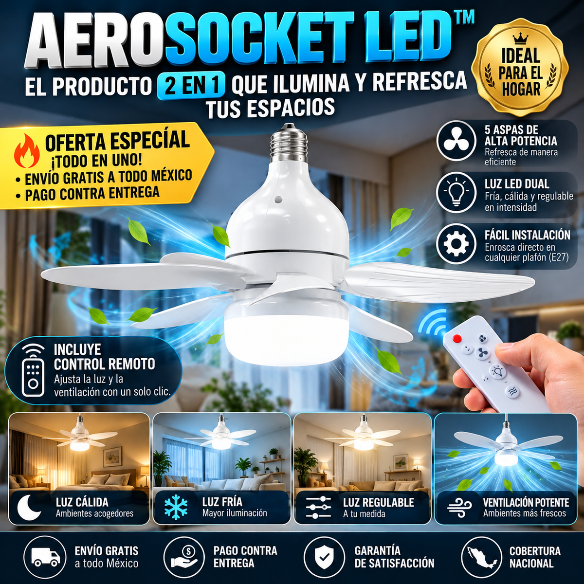 AeroSocket LED™ Ventilador de Techo con Lámpara Tipo Bombillo de 5 Aspas control remoto