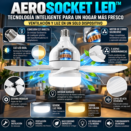 AeroSocket LED™ Ventilador de Techo con Lámpara Tipo Bombillo de 5 Aspas control remoto