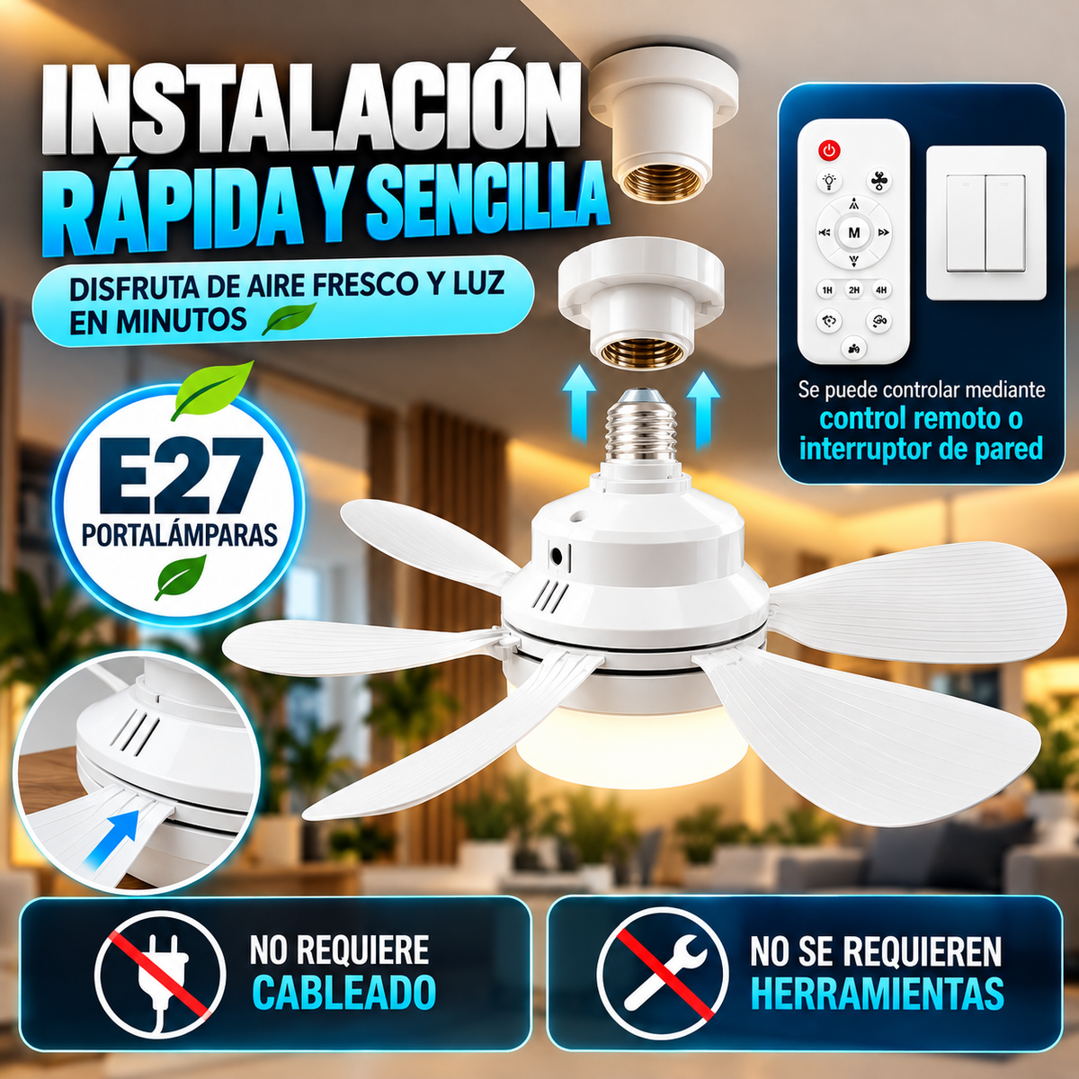 AeroSocket LED™ Ventilador de Techo con Lámpara Tipo Bombillo de 5 Aspas control remoto