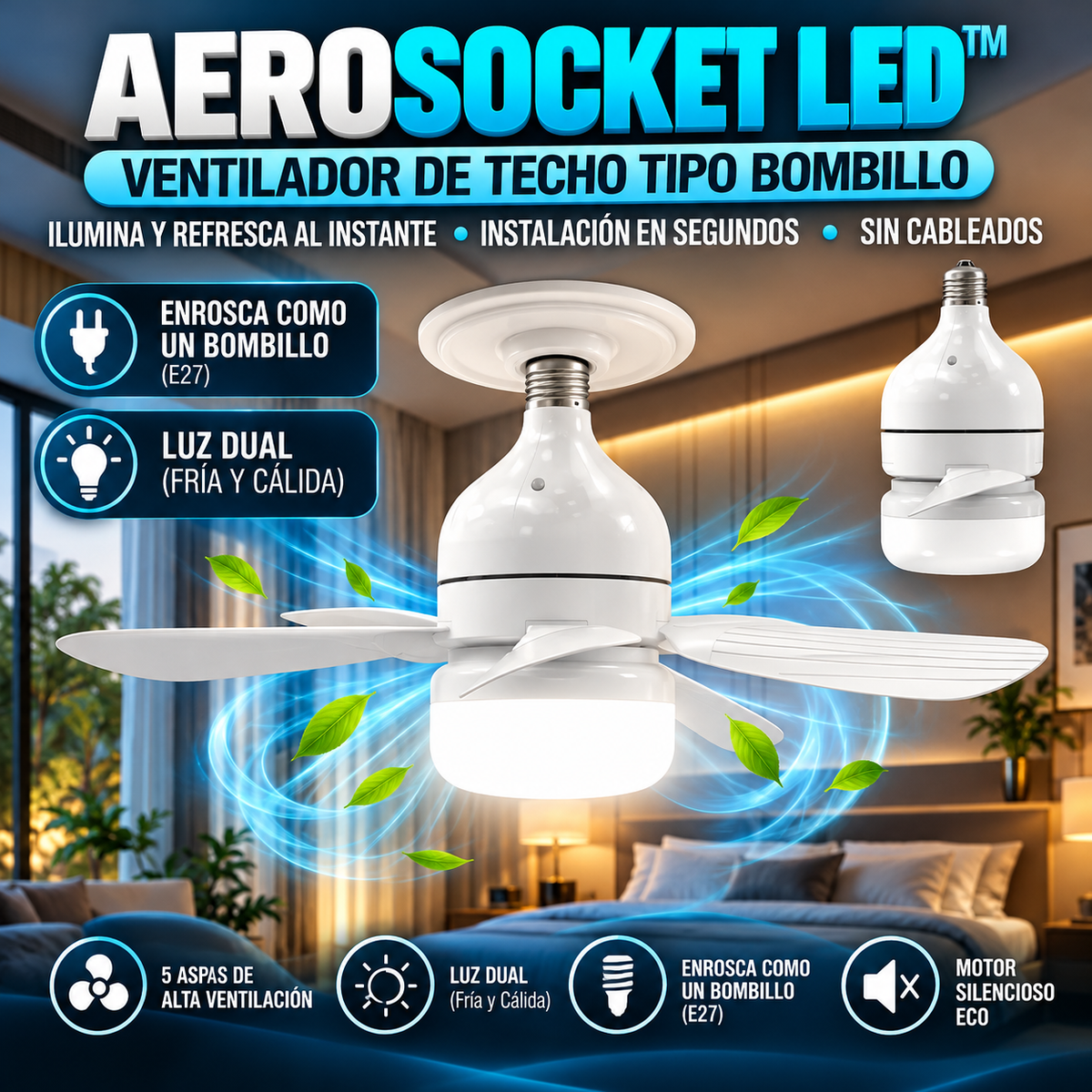 AeroSocket LED™ Ventilador de Techo con Lámpara Tipo Bombillo de 5 Aspas control remoto